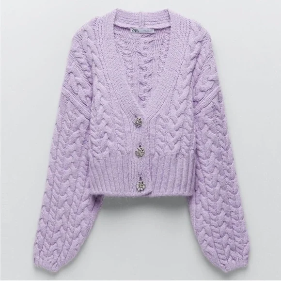 NWT Zara Purple Rhinestone Button Cable Knit Cardigan Sweater Medium - Picture 4 of 11